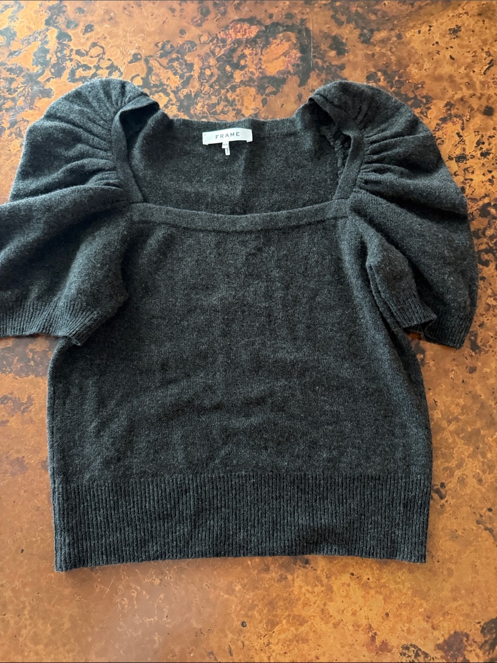 Frame Denim Charcoal Puff-Sleeve Square Neck Knit Top
